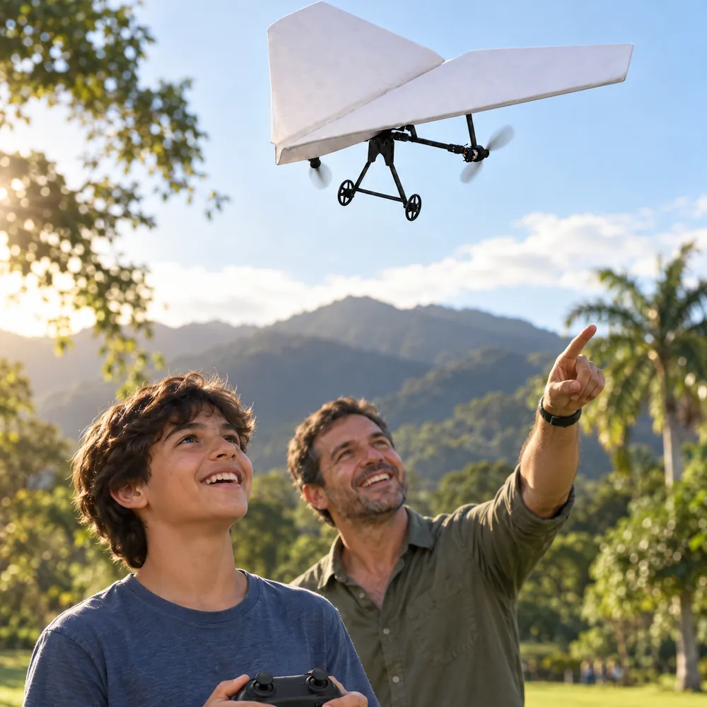 Padre e hijo volando el avión en el campo