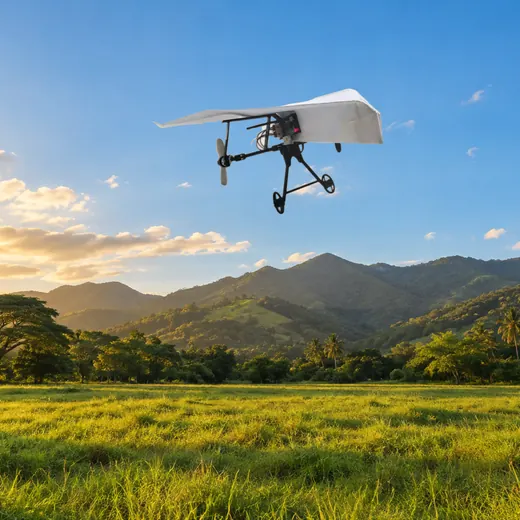 El avión volando en un campo abierto